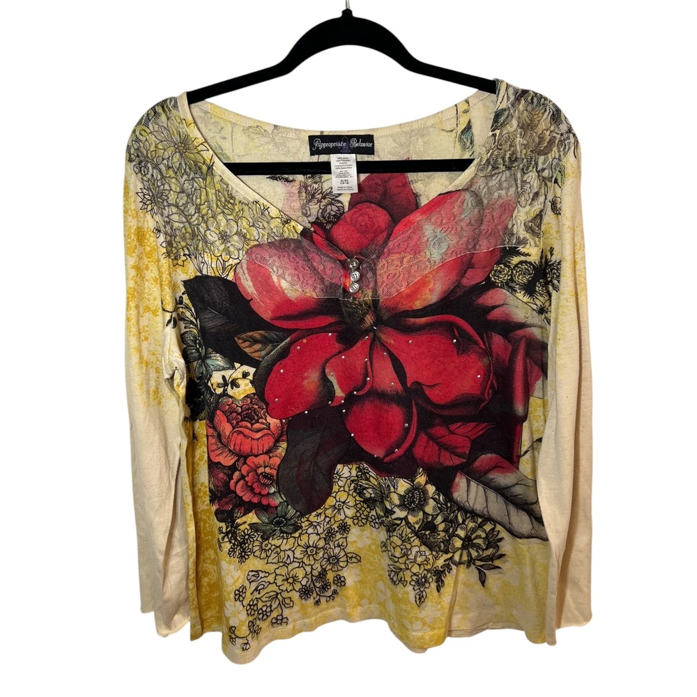 Y2K Appropriate Behavior Floral Lace Graphic Top Whimsigoth Rhinestone Rose XL